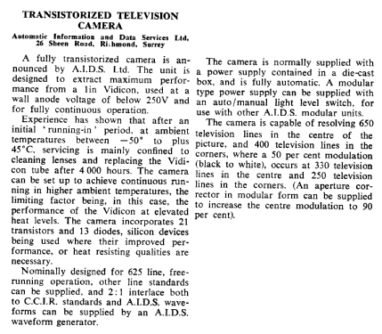 Transistorized Television Camera ; AIDS, Automatic (ID = 2880178) TV-studio