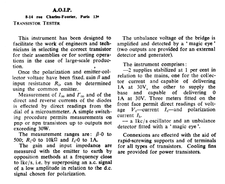 Transistor Tester ; AOIP, AOP A.O.I.P., (ID = 2764680) Equipment