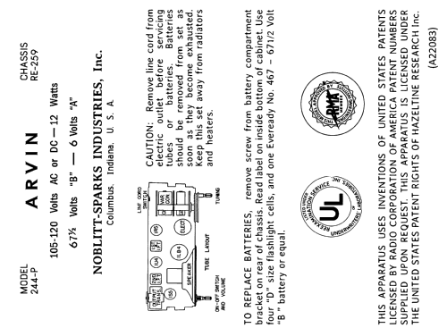 244P Ch= RE-259; Arvin, brand of (ID = 3058483) Radio