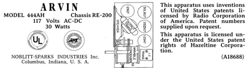 444-AH Ch= RE-200; Arvin, brand of (ID = 3052760) Radio