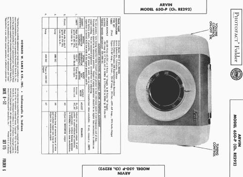 652-P Ch= RE292; Arvin, brand of (ID = 426799) Radio