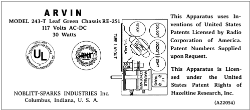 Arvin 243T Ch= RE-251; Arvin, brand of (ID = 3044857) Radio