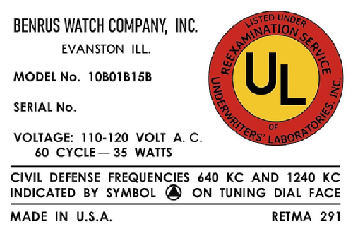 10B01B15B Ch= 10B; Benrus Watch Company (ID = 3152073) Radio