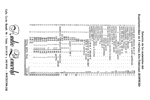 Superheterodino 5 válvulas Alta Fidelidad; Bonvehi Radio; (ID = 2402443) Radio
