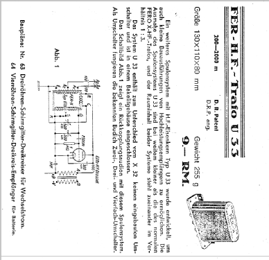 Hochfrequenz-Eisenkern-Transformator FER U 33; Budich GmbH, Georg; (ID = 1690716) mod-past25