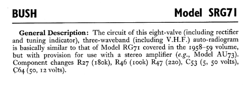 VHF Radiogramophone SRG71; Bush Radio Ltd.; (ID = 578782) Radio