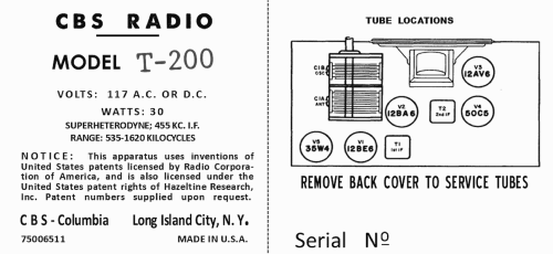 T200 Ch= 216; CBS-Columbia Inc.; (ID = 3064218) Radio