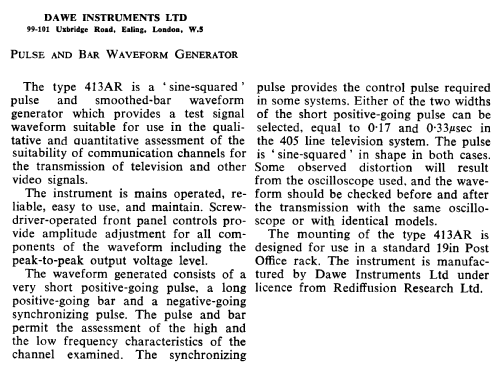 Pulse and Bar Waveform Generator 413AR; Dawe Instruments Ltd (ID = 2651960) Equipment