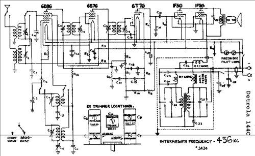 144C Radio Detrola; Detroit MI, build 1937 ??, 1 schematics, 5 tubes ...