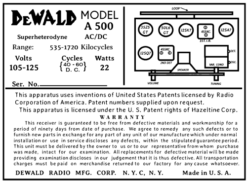 A500 ; DeWald Radio Mfg. (ID = 3025002) Radio