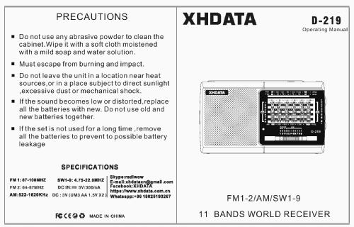 XHDATA AM/FM/SW 11-Band World Receiver D-219; Dongguan Xinhuaide (ID = 2949572) Radio