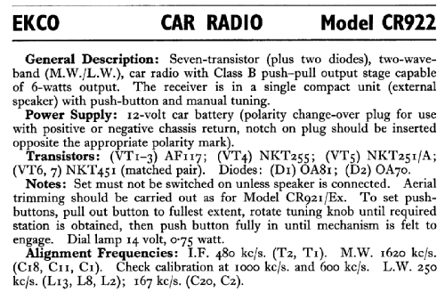 CR922; Ekco, E.K.Cole Ltd.; (ID = 725659) Car Radio