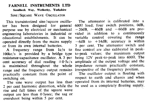 Sine/Square Wave Oscillator ; Farnell Instruments (ID = 2782177) Equipment