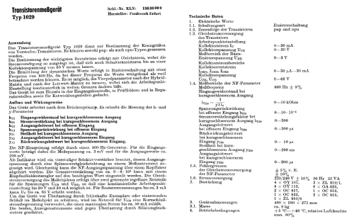 Transistoren-Messgerät 1029; Funkwerk Erfurt, VEB (ID = 840802) Equipment