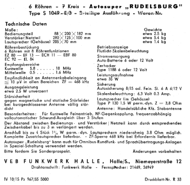 Rudelsburg S1049E/3; Funkwerk Halle FWH, (ID = 1178724) Car Radio