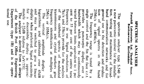 Spectrum Analyser S.540; Furzehill (ID = 2692682) Equipment