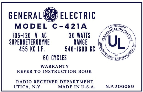 C421A ; General Electric Co. (ID = 3097132) Radio