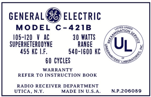 C421B ; General Electric Co. (ID = 3097140) Radio