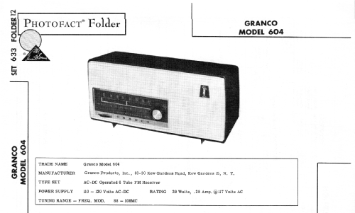 Stereophonic FM 604; Granco Products, Inc (ID = 2746084) Radio