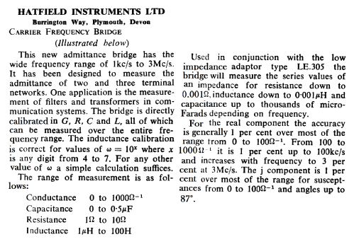 Carrier Frequency Bridge ; Hatfield Instruments (ID = 2651972) Equipment