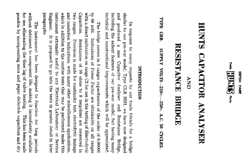 Capacitance and Resistor Analys C.R.B.; Hunts, A.H. Hunt Ltd (ID = 420988) Ausrüstung