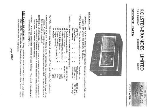 KB 850; Kolster Brandes Ltd. (ID = 1485082) Radio