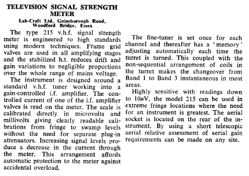 Television Signal Strength Meter 215; Lab-Craft Ltd.; (ID = 2882013) Equipment