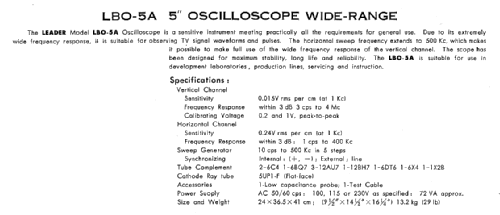 Oscilloscope Wide Range LBO-5A; Leader Electronics (ID = 238900) Equipment