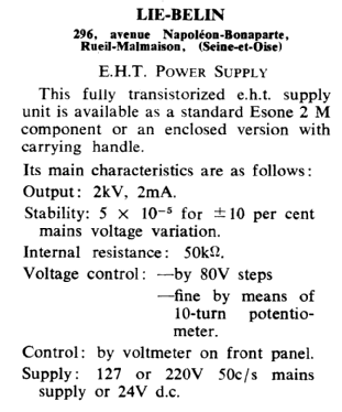 E.H.T. Power Supply ; LIE L.I.E. Belin; (ID = 2775842) Fuente-Al