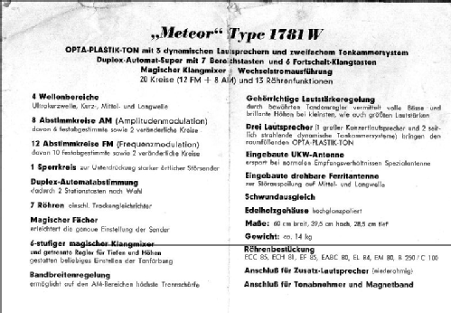 Meteor 1781W; Loewe-Opta; (ID = 2296105) Radio