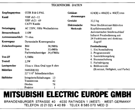 Farbfernseher CT-2218GM; Mitsubishi Electric (ID = 1152729) Television