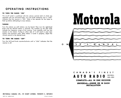 Auto Radio MA-404; Motorola Canada Ltd. (ID = 2207137) Car Radio