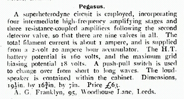 Nine Valve Superheterodyne ; Pegasus Brand, (ID = 2987947) Radio