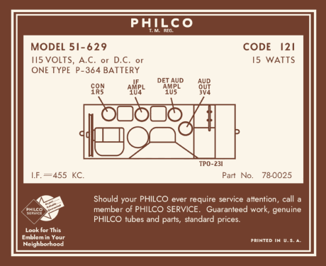 51-629 ; Philco, Philadelphia (ID = 3027550) Radio