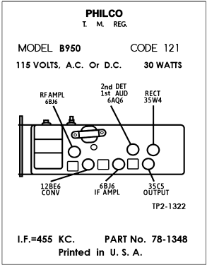 B950 53-950 Code 121; Philco, Philadelphia (ID = 3044869) Radio