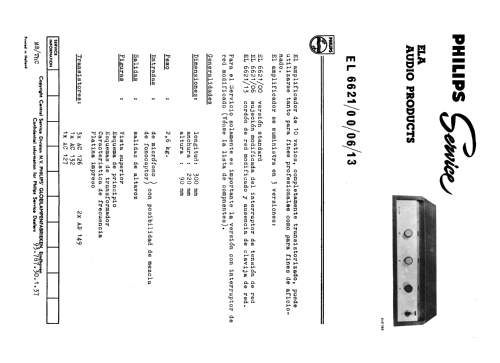 Amplificador Transistorizado de 10 W EL 6621 /00 /06 /13; Philips Ibérica, (ID = 2432325) Ampl/Mixer