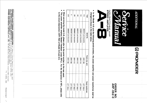 Stereo Amplifier A-8; Pioneer Corporation; (ID = 2386619) Ampl/Mixer