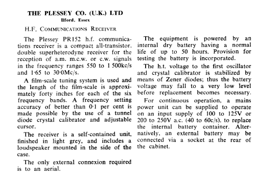 HF Communications Receiver PR152; Plessey; Ilford (ID = 2729928) Commercial Re