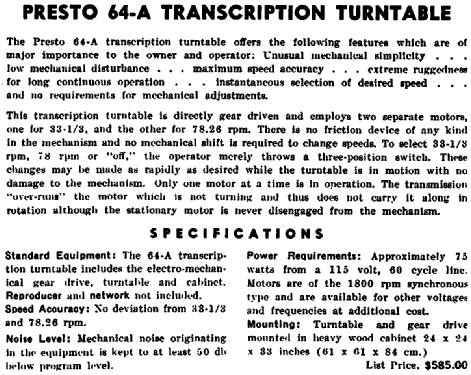 64-A Transcription Turntable ; Presto Recording (ID = 405916) R-Player