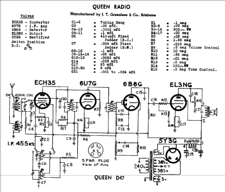 D47 Radio Queen Radio; Brisbane, build 1946, 1 schematics, 5 tubes ...