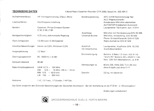 Universum 4-Band-Radio-Cassetten-Kombination CTR 2369 Best.-Nr. 002. 494 4; QUELLE GmbH (ID = 2592869) Radio