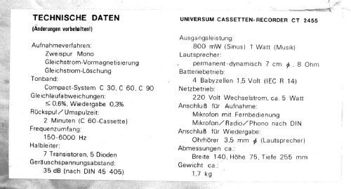 Universum Cassetten-Tonbandgerät CT 2455, Bestell Nr. 02977; QUELLE GmbH (ID = 1999735) R-Player