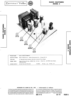 2 HiFi Audio Amplifier; Radio Craftsmen Inc. (ID = 3080633) Ampl/Mixer