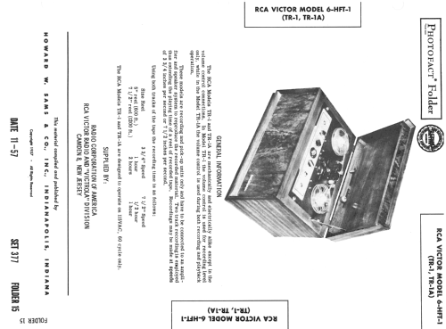 6-HFT-1 Tape Recorder TR-1A; RCA RCA Victor Co. (ID = 2467498) R-Player