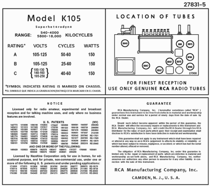 K105 Ch= RC-476; RCA RCA Victor Co. (ID = 3040379) Radio