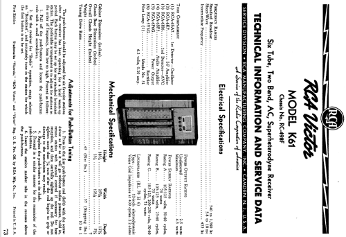 K61 Ch= RC-498F; RCA RCA Victor Co. (ID = 980360) Radio