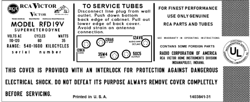 RFD 19 V Ch= RC-1213D; RCA RCA Victor Co. (ID = 3028536) Radio