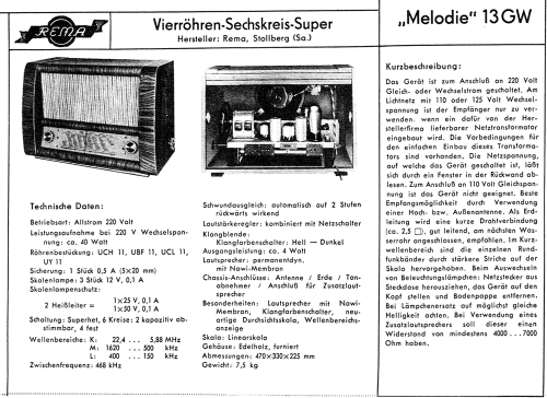 Melodie 13GW; REMA, Fabrik für (ID = 2284065) Radio