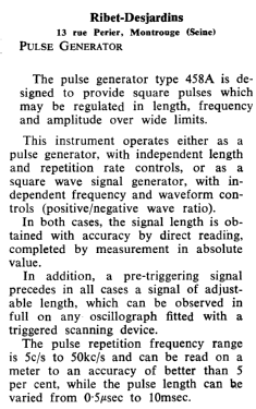 Pulse Generator 458A; Ribet et Desjardins (ID = 2731858) Equipment