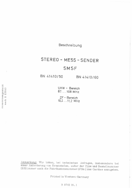 Stereo-Mess-Sender Signal Generator SMSF BN41410 /50 /60; Rohde & Schwarz, PTE (ID = 2868461) Equipment